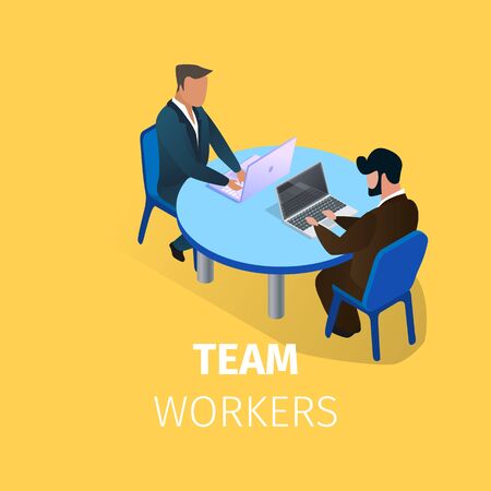 Team Workers Square Banner. Couple of Businessmen Sitting at Table Face to Face Working on Laptops on Yellow Background. Business People Employees Workplace, Teamwork 3D Isometric Vector Illustrationのイラスト素材