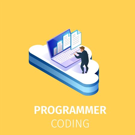 Man Working on Laptop Standing on Large Cloud. Programmer Writing Code. Software at Developer Office Workplace Desk. Program Coding Process. 3D Isometric Cartoon Vector Illustration, Square Bannerのイラスト素材