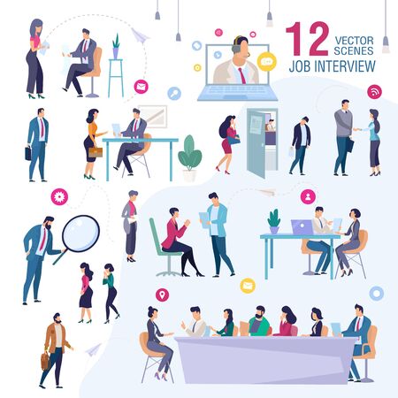 Job Interview in Office Trendy Flat Vector Scenes Set. Female, Male Job Applicants, Work Candidates Waiting for Interview, Talking with HR Manager, Presenting Himself for Company CEO Illustrationのイラスト素材