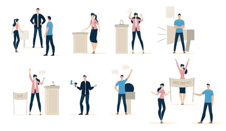 People Voting on Democratic Elections, Taking Part in Political Rally, Elections Candidates Agitating Voters, Making Public Speech, Voters Puts Bulletin in Ballot Box Trendy Flat Vector Illustrationsのイラスト素材