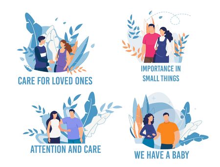 Happy Pregnancy Flat Cards Set. Husband and Pregnant Wife Cartoon Collection. Care for Loved Ones, Importance in Small Things, Attention and Care, We Have Baby Lettering. Vector Illustrationのイラスト素材