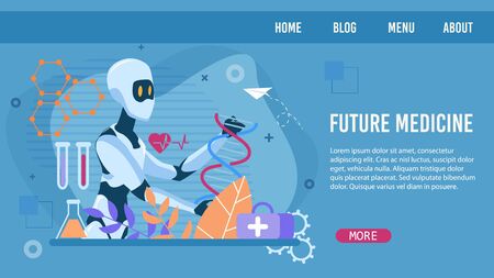 Flat Landing Page Layout Advertising Online Future Medicine. Robot Conducting Human DNA Tests. Robotic System Working with Laboratory Equipment. Smart Pharmacy Service. Vector Cartoon Illustrationのイラスト素材
