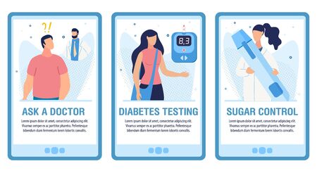 Online Medical Consultation Service Mobile Landing Page Trendy Flat Set. Ask Doctor, Diabetes Testing, Sugar Control Design for Social Media Webpages. Vector Cartoon Patient and Nurse Illustrationのイラスト素材