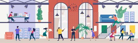 Modern Office Work, Time Management in Business Flat Vector Concept. Company Employees Working Together in Spacious Office, Boss Showing on Clock When Personnel Running Around with Papers Illustrationのイラスト素材