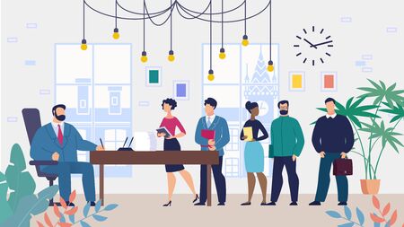 Informational Flyer Reception Employees at Head. Men and Women are Standing in Office with Documents in Office Boss, with Goal an Audience. Boss Signs Petition from Employees. Vector Illustration.のイラスト素材