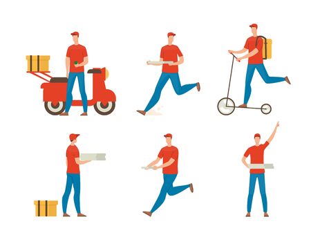 Pizza Delivery Service Courier at Work Trendy Flat Isolated Vectors Set. Fast Food Restaurant or Cafe Deliveryman in Uniform Hurrying, Running with Box, Riding Scooter, Delivering Order Illustrationsのイラスト素材