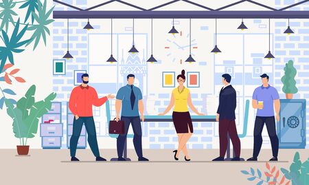 Female Boss, Company Leader, Successful Businesswoman Standing in Office Surrounded by Male Employees, Meeting with Colleagues, Negotiating with Business Partners Trendy Flat Vector Illustrationのイラスト素材