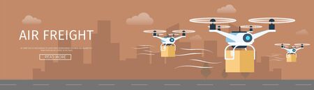 Air Drone Delivering Parcel. Supply Service Banner. Picture of Flying Shipping Device. Weight and Goods Transportation. Various Size Cardboard Box. Flat Cartoon Vector Illustrationのイラスト素材