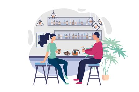 Informational Flyer Office Bar, Cartoon Flat. Banner Desire to Discuss Something in Shared Kitchen. Guy and Girl in Casual Clothes Drink Coffee During Lunch Break. Vector Illustration.のイラスト素材