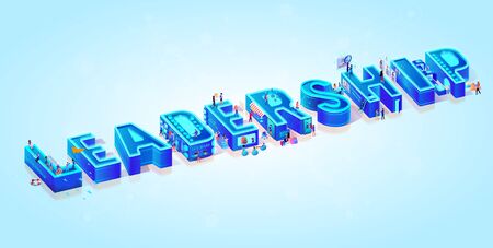 Vector 3d Neon Isometric Word Leadership on Light Blue Gradient Background. Tiny People Moving Among Big Letters, Use New Tech, Data Server and Devices in Life for Shopping, Online Education, Work.のイラスト素材