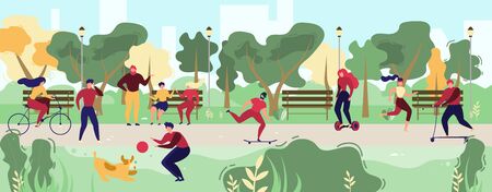 Activities in City Park Flat Vector Concept. People Resting on Bench, Meeting with Friends, Running, Riding Bicycle, Hover board and Skateboard, Playing with Pet Illustration. Modern City Public Spaceのイラスト素材