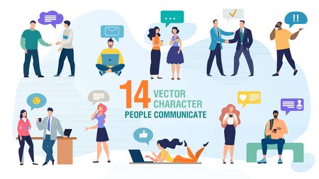 Communicating Personally and Using Gadgets People Trendy Flat Vector Characters Set. Man and Woman Talking Face to Face, Calling Friends, Messaging Online with Cellphone and Computer Illustrationのイラスト素材