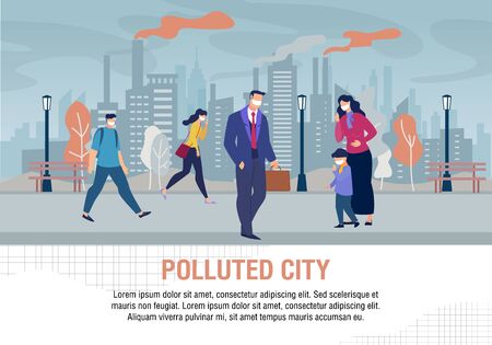Sad People and Children Characters Wearing Protective Face Masks on Street in Polluted City Flat Warning Banner. Air Pollution from Factory Pipes Emitting Industrial Smoke. Vector Cartoon Illustrationのイラスト素材
