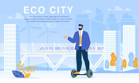 Eco City Life. Businessman in Suit Riding Hover board to Work, Meeting. Eco-Friendly Transport in Daily Routine Schedule. Futuristic Electric Train on Magnetic Pad. Free Traffic. Webpage Bannerのイラスト素材