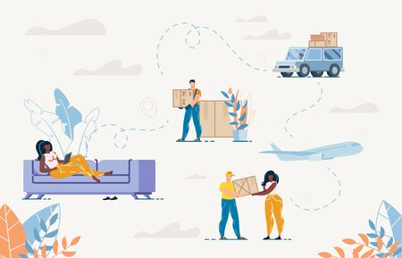 Woman Buying Goods on Laptop Sitting on Sofa at Home. Man Courier Delivering Parcel. Order, Purchase, Delivery Appliance in Internet. Truck and Deliveryman. Online Service People Characters Setのイラスト素材