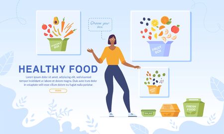 Webpage Banner Promotion Healthy Food and Dietary Nutrition. Woman Character Advertising Fruits and Vegetables for Collecting Organic Dinner Box. Online Service for Meal Order and Deliveryのイラスト素材