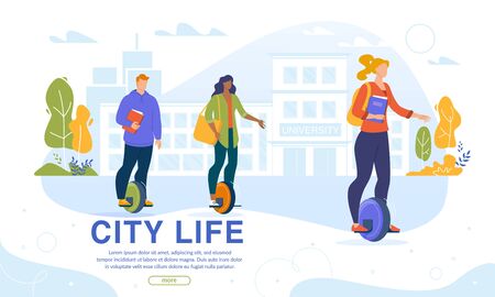 Man and Women Teenagers Students Riding Mono cycle Webpage Banner. University Building Architecture. One-Wheel Electric Scooter Eco Friendly Transport. Ecological Unicycle. Eco Campus Lifeのイラスト素材