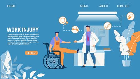 Work Injury Diagnosis and Treatment Online Service Landing Page. Cartoon Doctor Consulting and Examining Patient with Leg Trauma Sitting in Wheelchair. Emergency Help. Vector Flat Illustrationのイラスト素材
