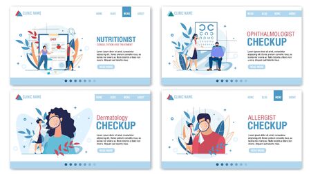 Medical Professional Consultation Landing Page Flat Set. Dermatologist, Allergist, Nutritionist, Ophthalmologist Doctor Specialist Appointment.のイラスト素材