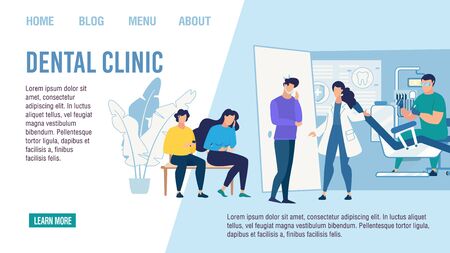 Flat Landing Page Advertising Visit to Dental Clinic. Woman Assistant Welcoming Patient with Toothache to Doctor Cabinet. Dentistry Tooth Care. Treatment and Prosthetics. Vector Cartoon Illustrationのイラスト素材