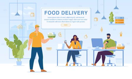Food Set Meals Delivery to Office Service. Man Courier Carrying Box with Healthy Fresh Business Lunch in Box for Employees Working at Computers. Banner Webpage, Mobile App for Order Hot Dinner Onlineのイラスト素材
