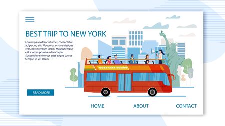 Touristic Tour to United States Trendy Flat Vector Web Banner, Landing Page Template. Tourists Group Visiting New York, Exploring Famous Attractions from Double-Decker, Open Top Bus Illustrationのイラスト素材