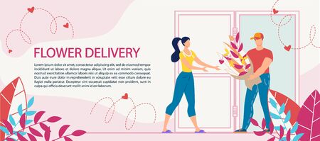 Flower Bouquet Delivery Service Advertisement. Woman Receiving Blooming Plants in Wrapping from Man Courier Worker. Congratulation with International Women Day, Birthday, Anniversary. Ecommerceのイラスト素材
