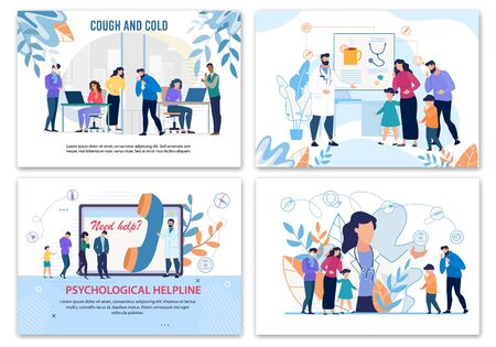 Medical Posters Advertising Treatment for Sick People Characters with Health Problem. Flu, Cold, Fever Cure. Psychological Hotline Service. Family Doctor and Psychologist. Vector Cartoon Illustrationのイラスト素材