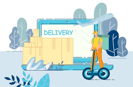 Delivery by Eco Transport Online Service Advertisement. Courier Riding Hover board with Food Basket. Parcels Stack Standing on Huge Laptop. Worldwide Shipment by Airplane. Different Transportation Waysのイラスト素材