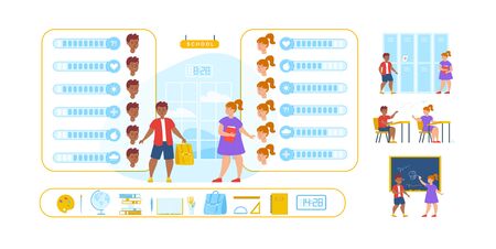 Pupils Constructor Character, Emotions, Scenes Set. Boy and Girl in Classroom on Seats, at Blackboard, in Front of School Entrance, in Hall Locker Room. Accessories for Study. Vector Illustrationのイラスト素材