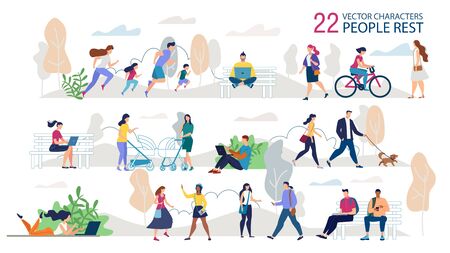 Resting Outdoors People Characters Trendy Vector Set. Parents with Children Jogging Together, Students, Freelancers Sitting on Bench, Couple Walking with Dog, Ladies Meeting in Park Illustrationのイラスト素材