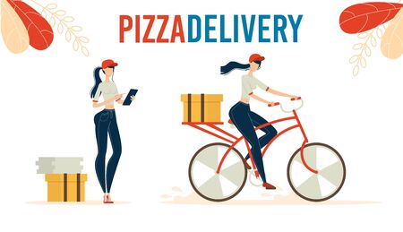 Pizza Delivery Online Service Trendy Flat Vector Advertising Banner, Poster Template with Fast Food Cafe Crew Worker Accepting, Checking Clients Orders, Delivering Pizza Boxes on Bicycle Illustrationのイラスト素材