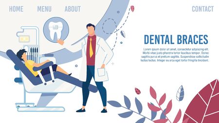 Flat Landing Page Design. Cartoon Dentist in Uniform Serve Child at Stomatological Office. Dental Braces Setting. Teeth Alignment and Treatment. Online Clinic Healthcare Service. Vector Illustrationのイラスト素材