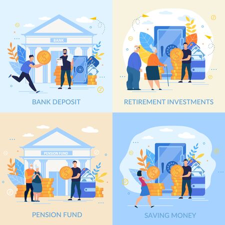 Set Informative Flyer Inscription Saving Money. Banner is Written Bank Deposit, Retirement Investments, Pension Fund. Profitable Investment. Young and Old People Carry their Gold Coins to Bank.のイラスト素材