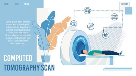 Computed Tomography Scan Medical Service. Trendy Flat Design Landing Page for Clinic Offering Hardware Examination, Diseases Detection and Treatment. Vector Cartoon Patient in Tomograph Illustrationのイラスト素材
