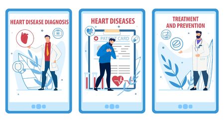 Heart Disease Prevention, Diagnosis, Treatment Mobile Webpage Set. Social Media Online Service Landing Page Kit. Cartoon Cardiologist and Patient Suffering from Pain in Chest. Vector Flat Illustrationのイラスト素材