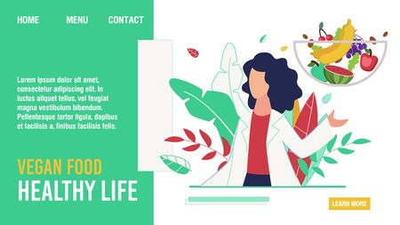 Vegan Food for Healthy Life Promoting Flat Landing Page. Cartoon Female Doctor Nutritionist Dieting Expert Describing Fruits and Vegetables in Human Diet Benefits Design. Vector Illustrationのイラスト素材