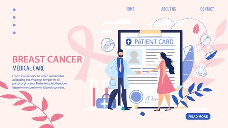 Flat Landing Page for Ontological Online Service. Breast Cancer Awareness, Early Detection and Healthcare. Woman at Doctor Appointment. Huge Patient Card. Medical Care. Vector Cartoon Illustrationのイラスト素材