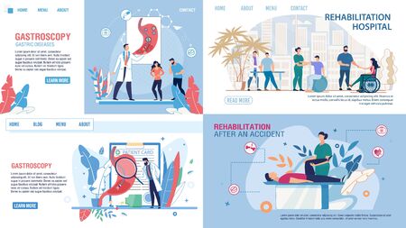 Flat Medical Landing Page Set Offer Gastroscopy Test and Rehabilitation. Musculoskeletal System and Muscle Tissue Recovery after Injury, Accident. Vector Cartoon Doctors and Patients Illustrationのイラスト素材