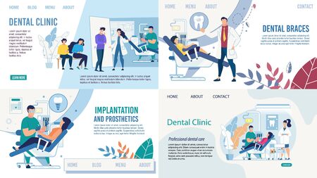 Stomatology and Dentistry. Tooth Healthcare Services Flat Landing Page Set. Setting Braces, Prosthetics, implantation. Diagnosis and Treatment. Dentist and Patients. Vector Cartoon Illustrationのイラスト素材