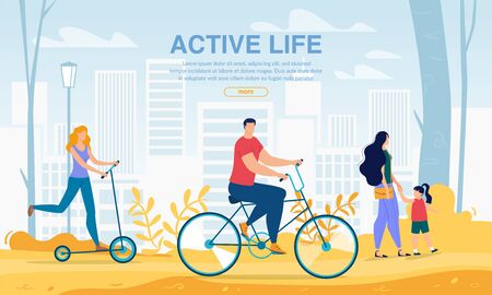 People Using City Eco Friendly Transport and Transportation. Active Life Poster. Men and Women Riding Bicycle and Electric Scooter. Mother with Daughter Walking. Ecology Clean Green Landscapeのイラスト素材