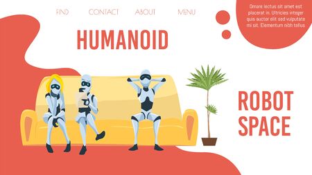 Robotic and Artificial Intelligence Technologies Startup Trendy Flat Vector Web Banner, Landing Page Template. Humanoid Robots, Female and Male Androids, Cyborgs Sitting on Sofa in Office Illustrationのイラスト素材