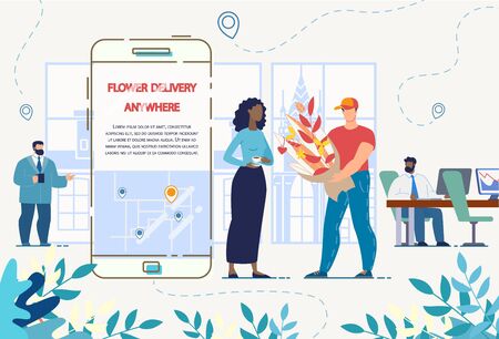 Flower Delivery Service. Online Ordering from Anywhere. Man Courier Giving Plants Bouquet to Afro-American Woman. Business Office Interior. Commercial Shipping Advertising. Mobile Applicationのイラスト素材