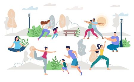 Healthy Lifestyle People Characters Vector Scene Flat Set. Man Woman, Children, Young Family, Pregnant Wife Husband, Lady Waiting for Childbirth Doing Yoga, Jogging, Training on Fresh Air Illustrationのイラスト素材