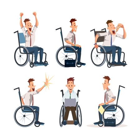 Disabled Employe in Wheelchair Trendy Flat Vector Character Set. Male Office Worker, Businessmen with Disabilities Eating Pizza, Working on Laptop, Celebrating Success, Giving High Five Illustrationsのイラスト素材