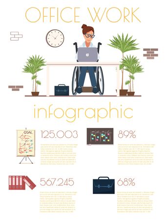 Disabled Employee Office Work Trendy Flat Vector Infographics Banner or Poster. Disabled Businesswoman, Company Female Manager in Wheelchair Using Laptop, Working at Office Workplace Illustrationのイラスト素材