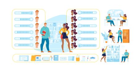 Diverse Students with Different Feelings in Various Situation Constructor Characters Scenes Set. Multiracial Teenager Girl Guy in Library, on Break, in Lecture Hall. Vector Stationary Illustration Kitのイラスト素材