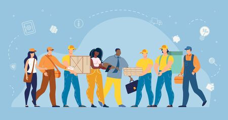 Man and Woman Working at Delivery Service, Hotline Operator and Customers Internet Users. Post Office Staff with Packaged Parcels and Mail Letters Bundle. Profession, Occupation. People Characters Setのイラスト素材
