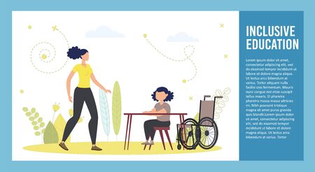 Inclusive Education for Children with Paraplegia Trendy Flat Vector Poster, Brochure or Presentation Slide Template. Female Teacher Having Lesson with Disabled Pupil, Girl in Wheelchair Illustrationのイラスト素材