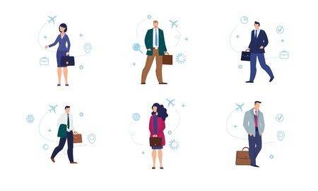 Traveling, Going on Work Trip, Flying on Plane Businesspeople Trendy Flat Vector Characters Set Isolated on White Background. Businesswomen, Businessmen, Company Employees with Briefcase Illustrationsのイラスト素材